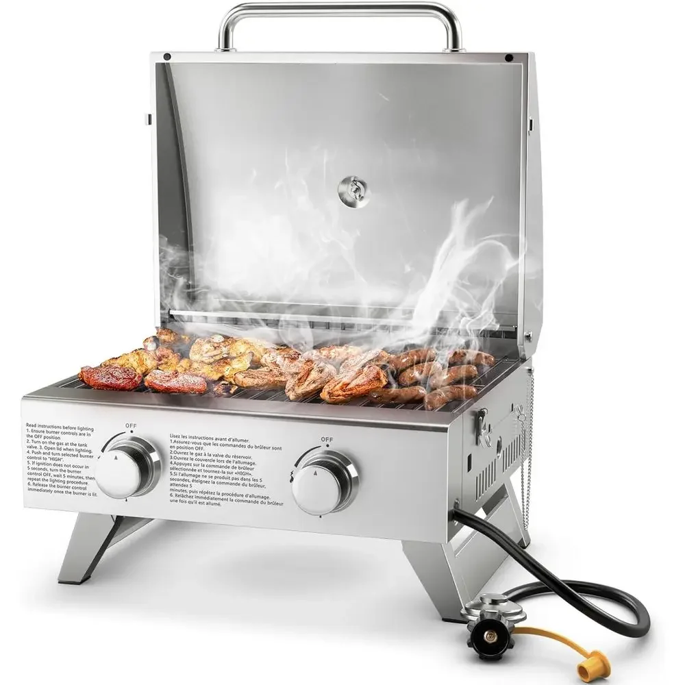 Portable Gas Grill - Tabletop Propane Grill with 2 Burners, 20,000 total, Built-in Thermometer, oldable Legs, Regulator Hose, St
Portable Gas Grill - Tabletop Propane Grill with 2 Burners, 20,000 total, Built-in Thermometer, oldable Legs, Regulator Hose, St