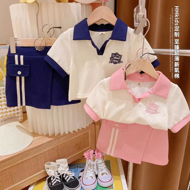 Girls' SuitPoloCollar Fashionable Embroidery Labeling Bottoming Shirt Short Skirt Two-Piece Set2024Summer Clothing One Piece Dro
Girls' SuitPoloCollar Fashionable Embroidery Labeling Bottoming Shirt Short Skirt Two-Piece Set2024Summer Clothing One Piece Dro