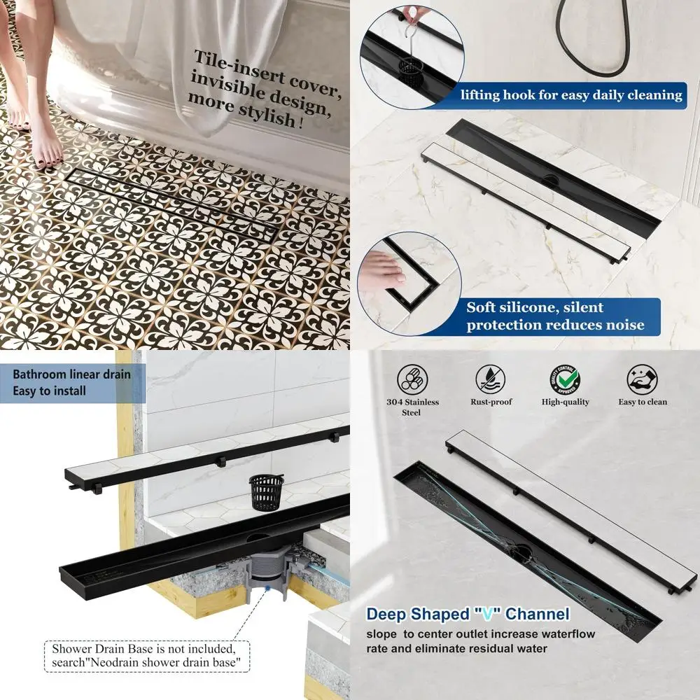 24 Rectangular Shower Drain with Tile Insert, Matte Black 304 SS, Leveling Feet & Hair Catcher
24 Rectangular Shower Drain with Tile Insert, Matte Black 304 SS, Leveling Feet & Hair Catcher