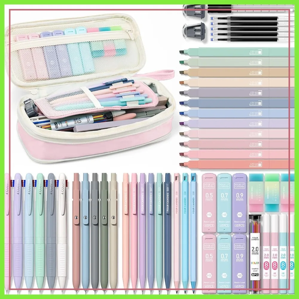 56 PCS Stationery Set with Cute Storage Case, 6 Multicolor Pens, 12 Pastel Highlighters, 5 Gel Pens, 9 Mechanical Pencils for College Essentials
56 PCS Stationery Set with Cute Storage Case, 6 Multicolor Pens, 12 Pastel Highlighters, 5 Gel Pens, 9 Mechanical Pencils for College Essentials