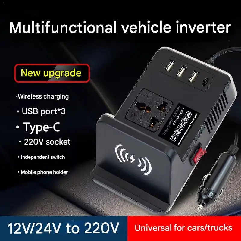 12V/24V To 220V Car Power Inverter With Wireless Charger 3 USB Type-C Port Car Accessories For Phone Tablet Laptop Fast Charging
12V/24V To 220V Car Power Inverter With Wireless Charger 3 USB Type-C Port Car Accessories For Phone Tablet Laptop Fast Charging