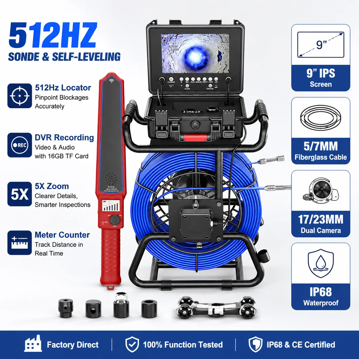 9" IPS Dual Lens Sewer Camera 1080P DVR 512Hz Locator Self-leveling Fiberglass Cable Drain Pipe Inspection Camera 17/23mm Probe
9" IPS Dual Lens Sewer Camera 1080P DVR 512Hz Locator Self-leveling Fiberglass Cable Drain Pipe Inspection Camera 17/23mm Probe