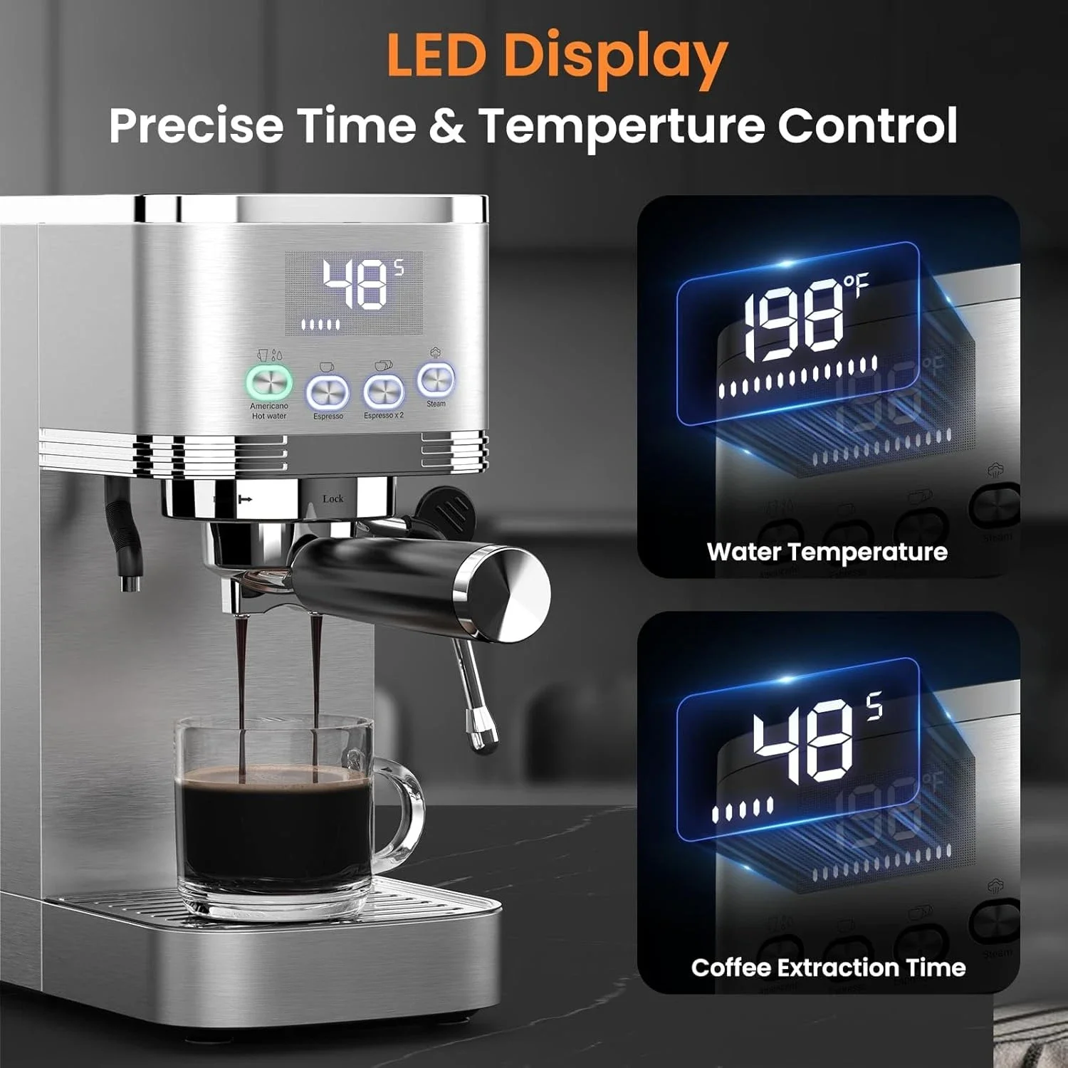Temperature Control LED Display Espresso Maker with Steam Milk Frother for Americano Cappuccino Latte,Coffee Machine
Temperature Control LED Display Espresso Maker with Steam Milk Frother for Americano Cappuccino Latte,Coffee Machine