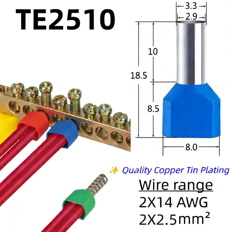 100PCS TE2510 Double Pipe 0.5~6.0² Cold Pressed End Double Wire Tube Shaped Insulated Tubular Terminal
100PCS TE2510 Double Pipe 0.5~6.0² Cold Pressed End Double Wire Tube Shaped Insulated Tubular Terminal