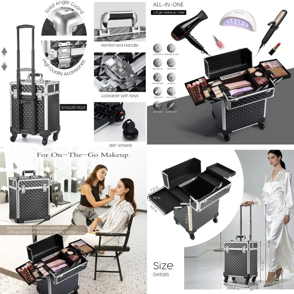 Large Rolling Makeup Train Case with Swivel Wheels - Ideal for Barbers, Hairstylists, Makeup Artists, and Nail Technicians - Bla
Large Rolling Makeup Train Case with Swivel Wheels - Ideal for Barbers, Hairstylists, Makeup Artists, and Nail Technicians - Bla