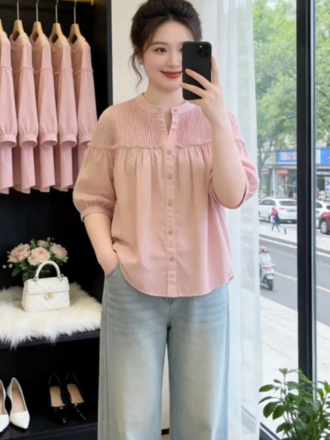 Elegant Pink Lantern Sleeve Shirt Women's plus Size Korean Style Unique Beautiful Short Sleeve Top Summer New Arrival
Elegant Pink Lantern Sleeve Shirt Women's plus Size Korean Style Unique Beautiful Short Sleeve Top Summer New Arrival