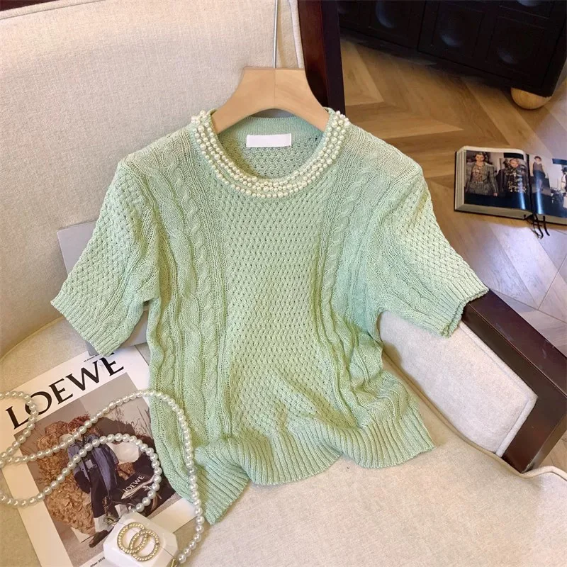 Summer New Chic Embroidered Flares Solid Color Knitted Tops Women's Elegant Slim O-neck Short Sleeve Sweet T-Shirt
Summer New Chic Embroidered Flares Solid Color Knitted Tops Women's Elegant Slim O-neck Short Sleeve Sweet T-Shirt