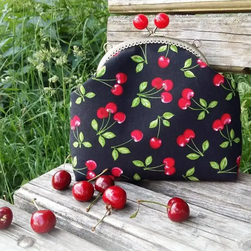 Lost In Vintage Customized Red Cheery Pattern Clutch Cotton Black Fabric Kiss Lock Bags Metal Frame Large Purse Evening Clutchs
Lost In Vintage Customized Red Cheery Pattern Clutch Cotton Black Fabric Kiss Lock Bags Metal Frame Large Purse Evening Clutchs