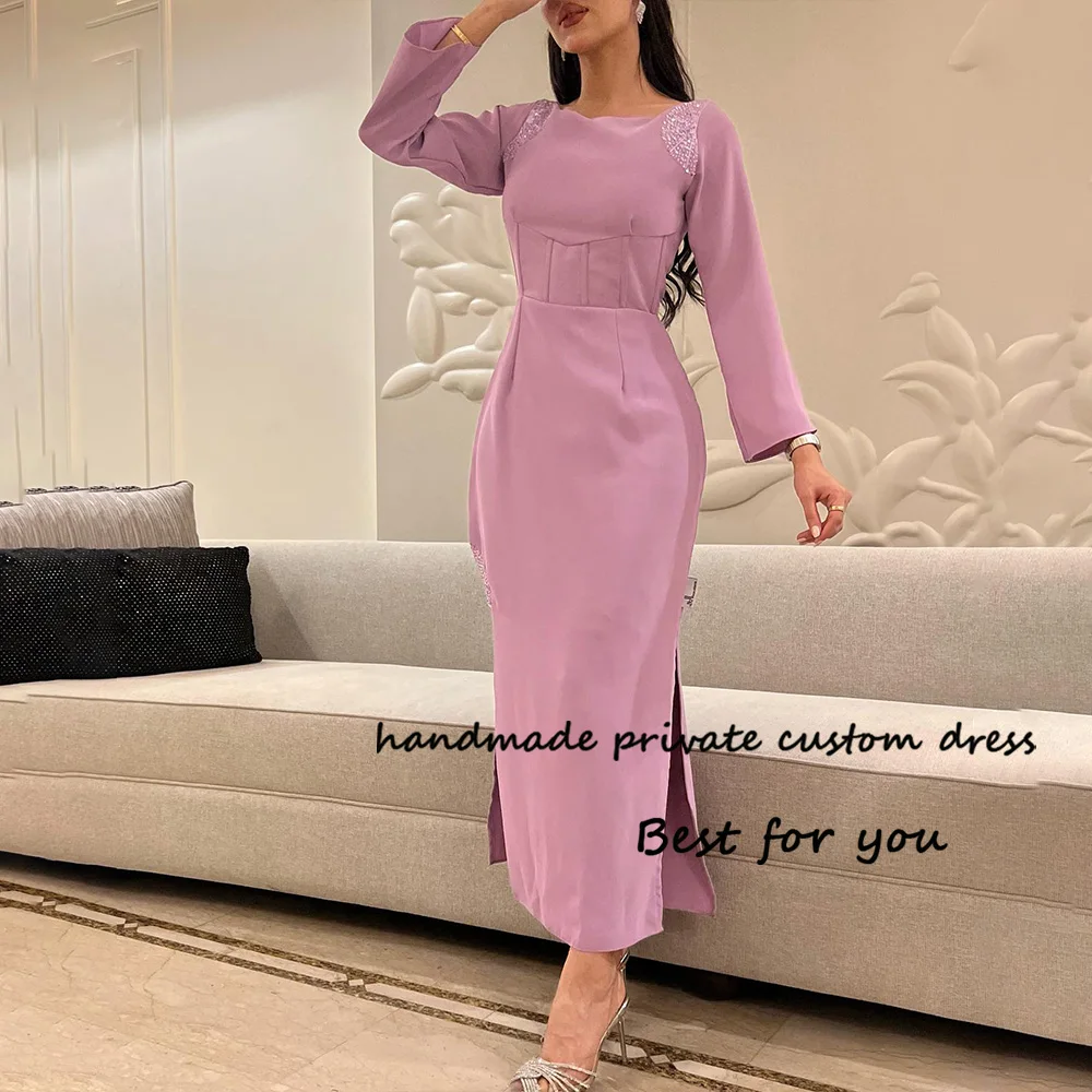 Lavender Satin Mermaid Evening Dresses Long Sleeve O Neck Dubai Prom Party Dress with Slit Arabic Formal Gowns
Lavender Satin Mermaid Evening Dresses Long Sleeve O Neck Dubai Prom Party Dress with Slit Arabic Formal Gowns