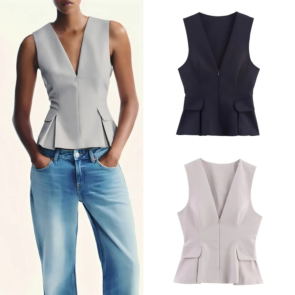 Women's 2025 new fashion short skirt style slim V-neck top retro sleeveless zipper women's vest chic top 
Women's 2025 new fashion short skirt style slim V-neck top retro sleeveless zipper women's vest chic top
