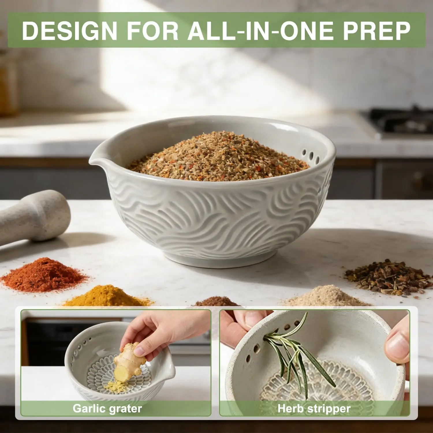3-in-1 Ceramic Grater Bowl with Herb Stripper,Handmade Multi-Purpose Kitchen Gadget,Efficient Grater for Ginger,Garlic,Chocolate
3-in-1 Ceramic Grater Bowl with Herb Stripper,Handmade Multi-Purpose Kitchen Gadget,Efficient Grater for Ginger,Garlic,Chocolate