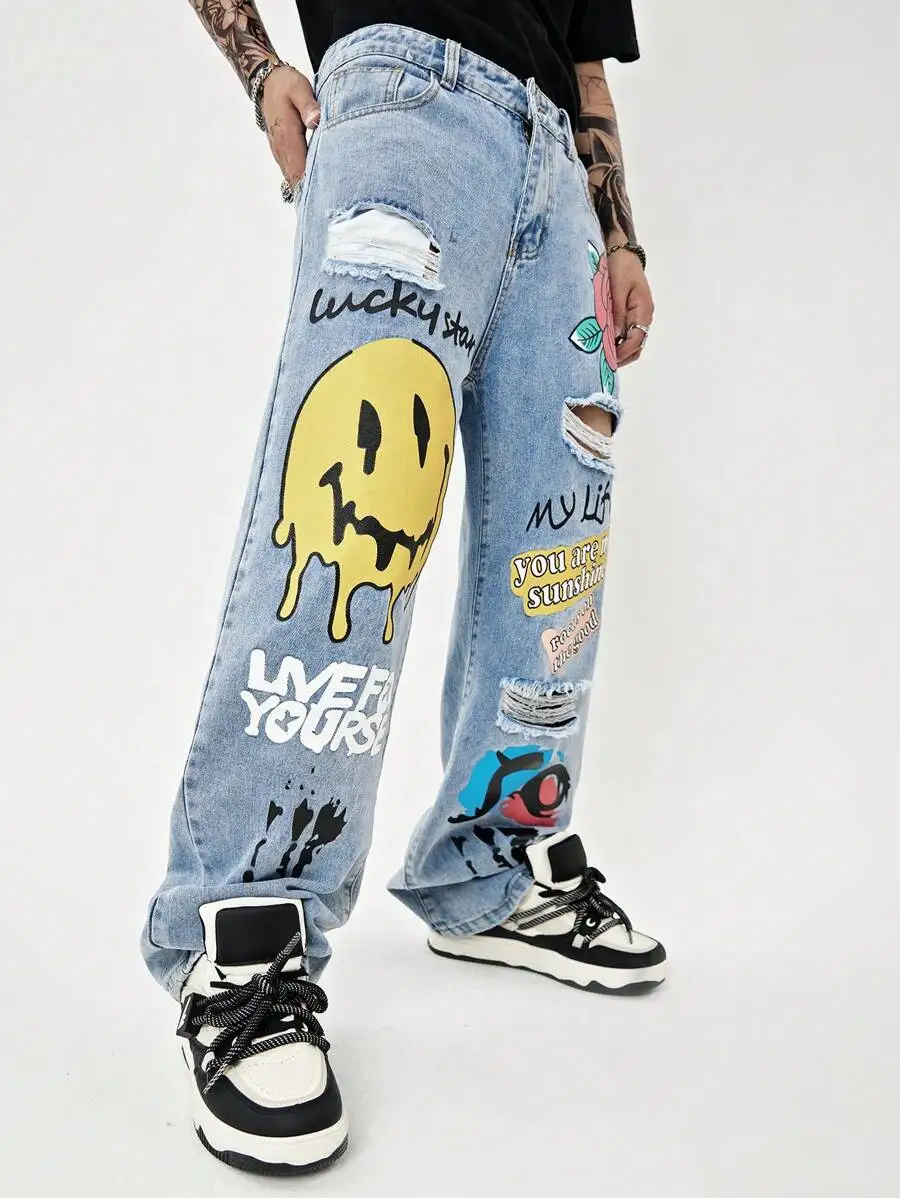 Mens Ripped Straight Leg Jeans With Cartoon Graphics Baggy Frayed Denim Streetwear Light Blue
Mens Ripped Straight Leg Jeans With Cartoon Graphics Baggy Frayed Denim Streetwear Light Blue