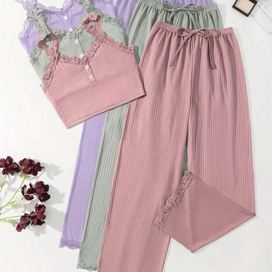 Womens Lace Trim Off-Shoulder Button Front Sleep Top And Ribbed Lounge Pants Set
Womens Lace Trim Off-Shoulder Button Front Sleep Top And Ribbed Lounge Pants Set