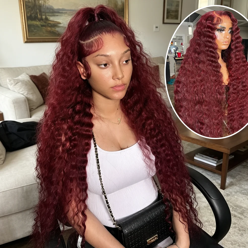 30 Inch 99J Burgundy Deep Wave Lace Front Wigs Human Hair 210% Density 13x6 HD Lace Frontal Burgundy Curly Wigs For Women
30 Inch 99J Burgundy Deep Wave Lace Front Wigs Human Hair 210% Density 13x6 HD Lace Frontal Burgundy Curly Wigs For Women