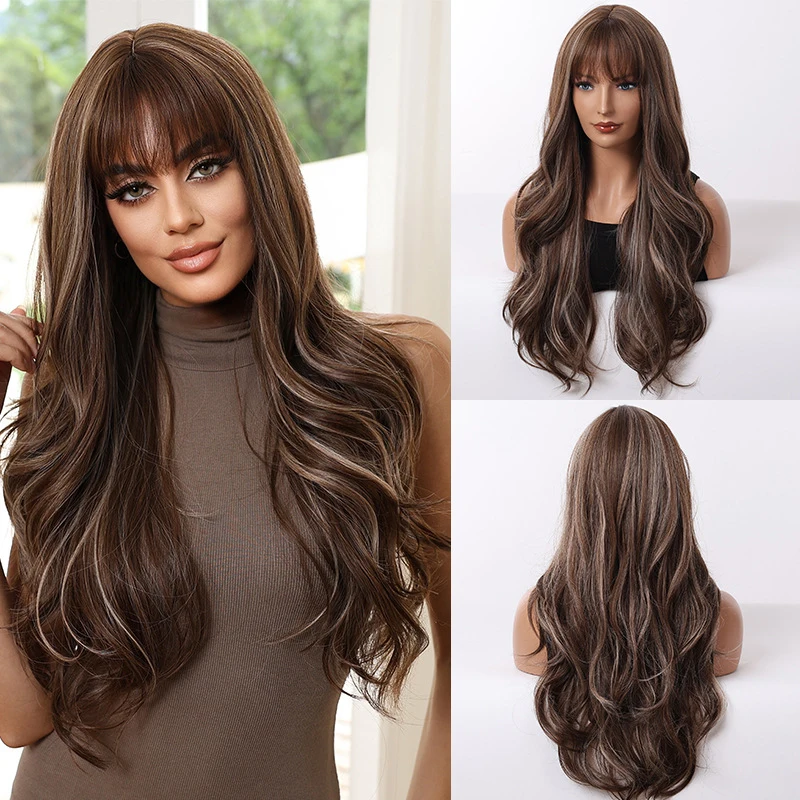 European and American style women's wig bangs, large wavy long curly hair, brown mixed with light gold, high-temperature fi
European and American style women's wig bangs, large wavy long curly hair, brown mixed with light gold, high-temperature fi