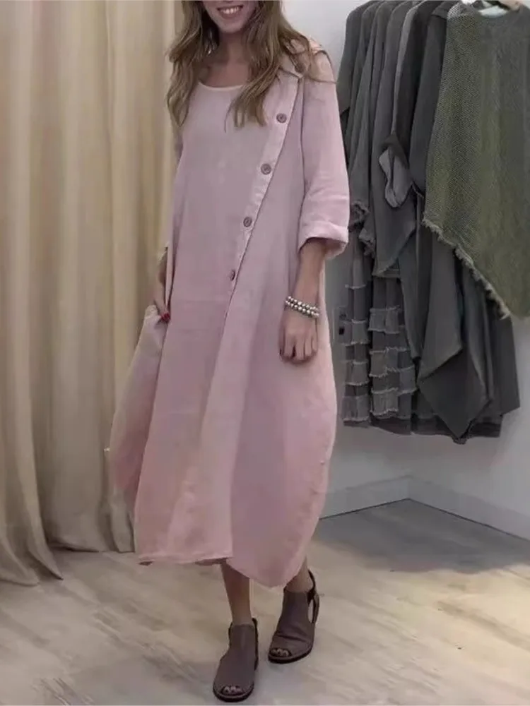 Fashionable Single Breasted Long Skirt Summer Women's Loose Casual Round Neck Long Sleeved Solid Color Cotton Linen Dress
Fashionable Single Breasted Long Skirt Summer Women's Loose Casual Round Neck Long Sleeved Solid Color Cotton Linen Dress