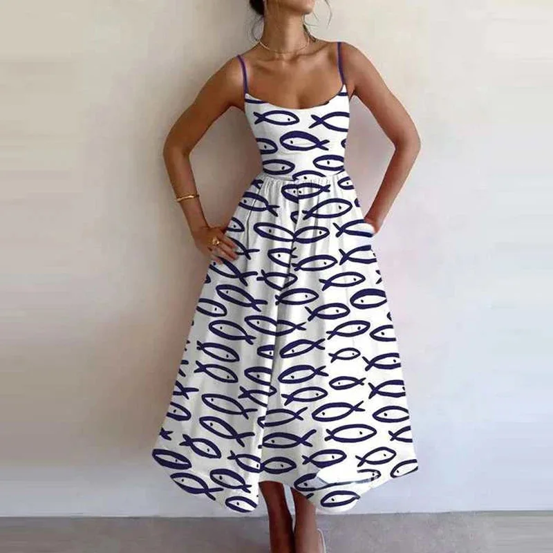 Women's White Blue Fish Print Spaghetti Strap Maxi Dress Casual Sleeveless Sexy Versatile A Line Summer Beach Dress
Women's White Blue Fish Print Spaghetti Strap Maxi Dress Casual Sleeveless Sexy Versatile A Line Summer Beach Dress