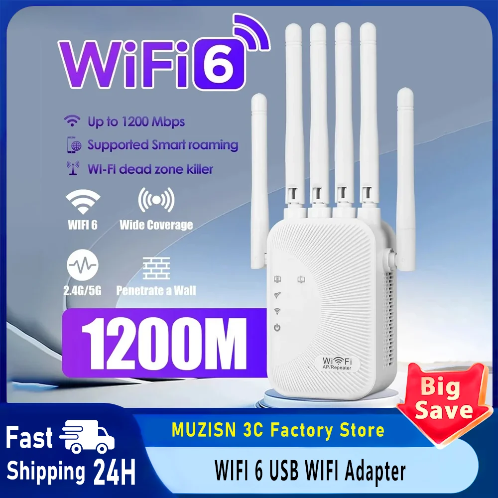 Upgraded Wifi Extender 6 Antennas Dual Band 1200Mbps Through Wall Easy Setup For Home Office Bedroom Wireless Signal Booster Use
Upgraded Wifi Extender 6 Antennas Dual Band 1200Mbps Through Wall Easy Setup For Home Office Bedroom Wireless Signal Booster Use