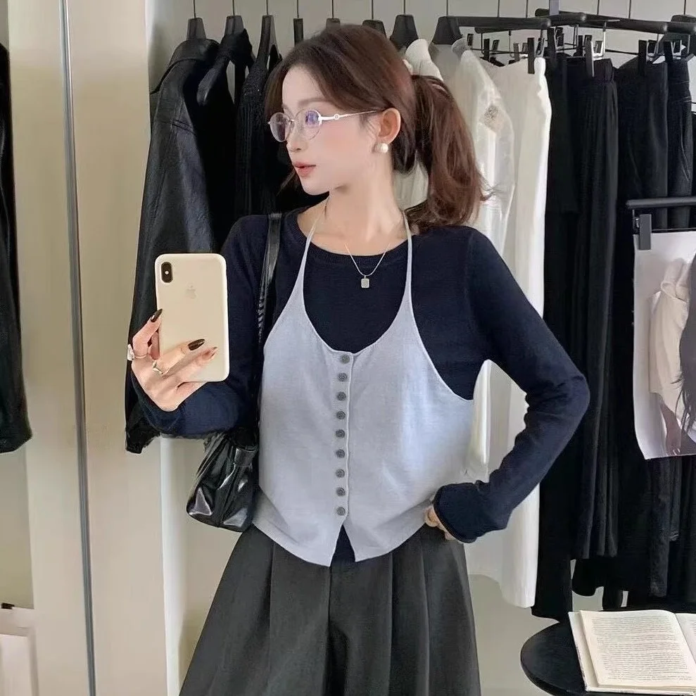 Korean Sle Lazy round Ne Versatile Fake Two-Piece oulder Strap Splice Long Sve Knitted Top Women's Autumn T-irt
Korean Sle Lazy round Ne Versatile Fake Two-Piece oulder Strap Splice Long Sve Knitted Top Women's Autumn T-irt