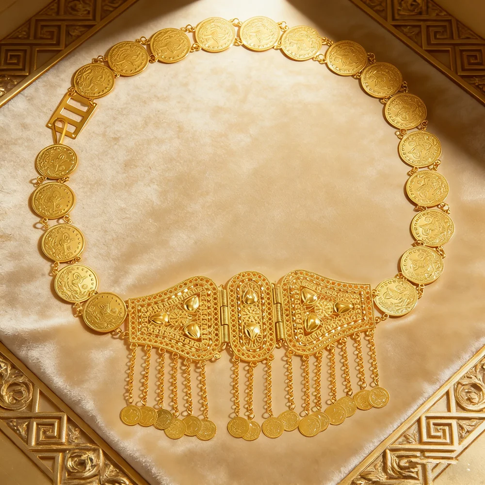 Moroccan Bridal Adjustable Gold-Plated Belt, Hollow Carved Chain Tassel Round Turkish Badge Coin Pattern Wedding Accessory
Moroccan Bridal Adjustable Gold-Plated Belt, Hollow Carved Chain Tassel Round Turkish Badge Coin Pattern Wedding Accessory