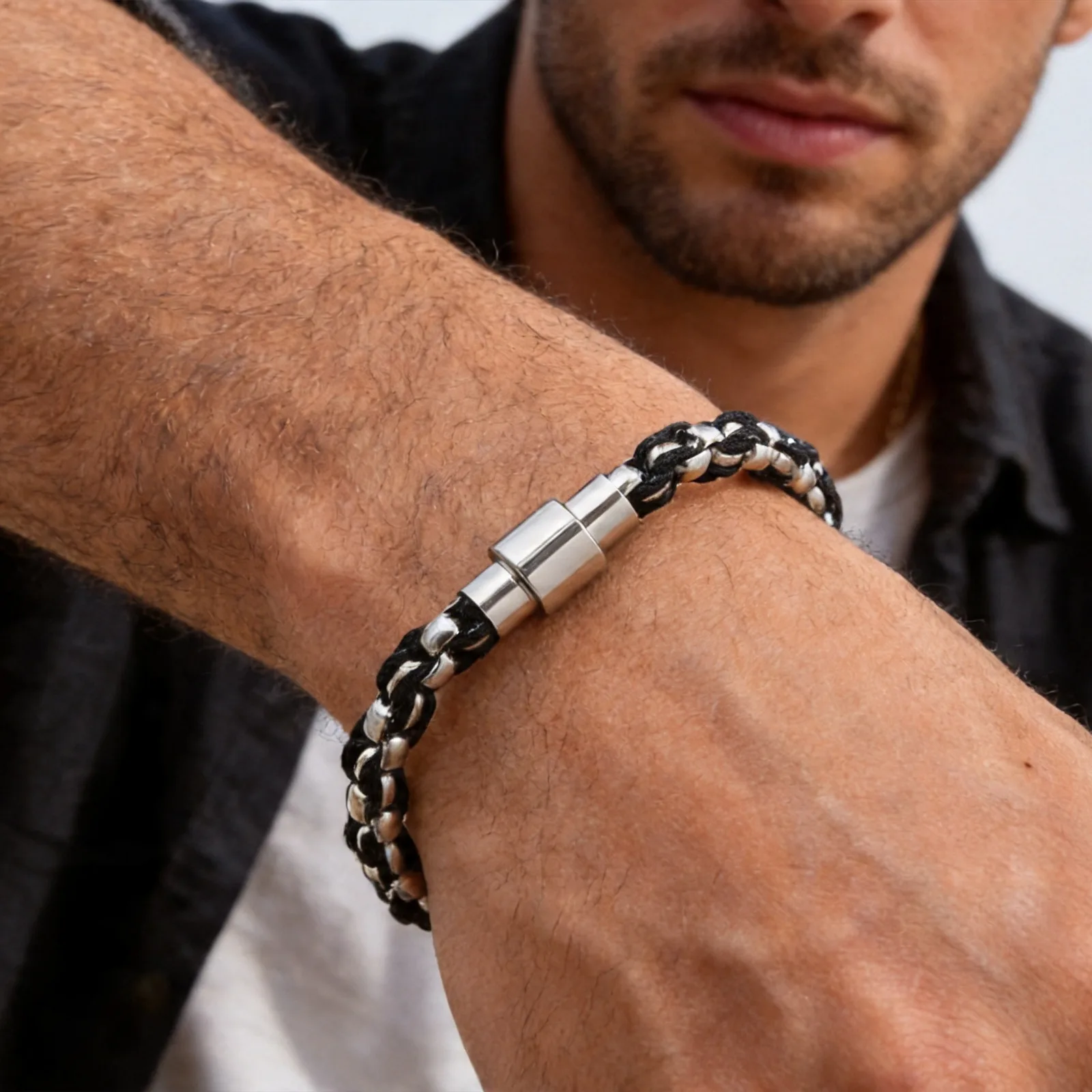 New Box Chain Bracelet for Men,Stainless Steel Black Nylon Rope Wrapped Chain Wristband,Hip Hop Punk Father's Day Gift
New Box Chain Bracelet for Men,Stainless Steel Black Nylon Rope Wrapped Chain Wristband,Hip Hop Punk Father's Day Gift
