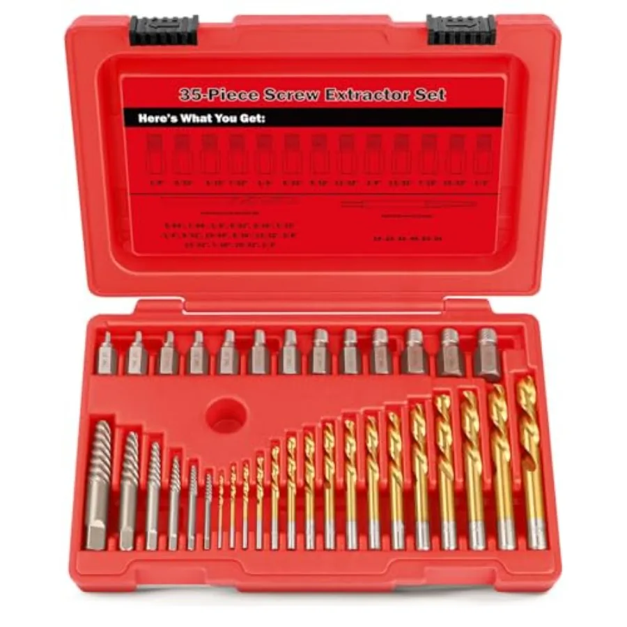 35-Pieces Screw Extractor Set 37# Cr-Mo and 6542# Left Hand Reverse Drill Bit Easy Out Multi-Spline Allen Screw Removal Kit for
35-Pieces Screw Extractor Set 37# Cr-Mo and 6542# Left Hand Reverse Drill Bit Easy Out Multi-Spline Allen Screw Removal Kit for