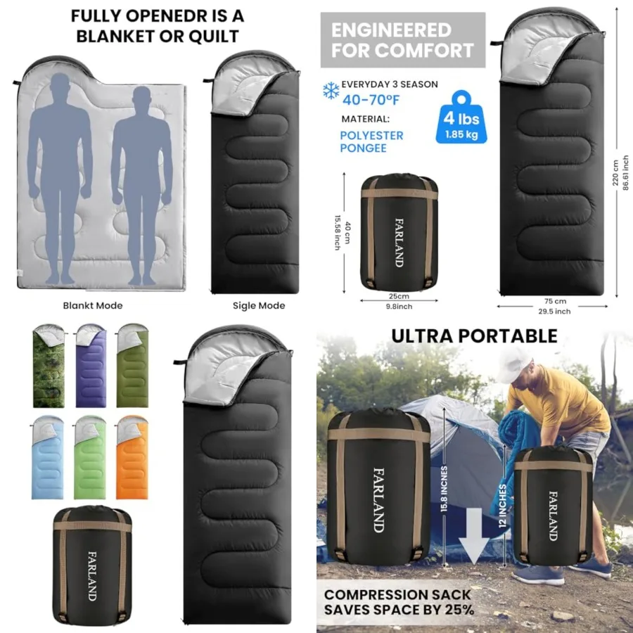 Sleeping Bags for Adults, 3 Season Warm Cool Weather, Lightweight Camping Sleeping Bag for Family Camping Essentials with Compr
Sleeping Bags for Adults, 3 Season Warm Cool Weather, Lightweight Camping Sleeping Bag for Family Camping Essentials with Compr