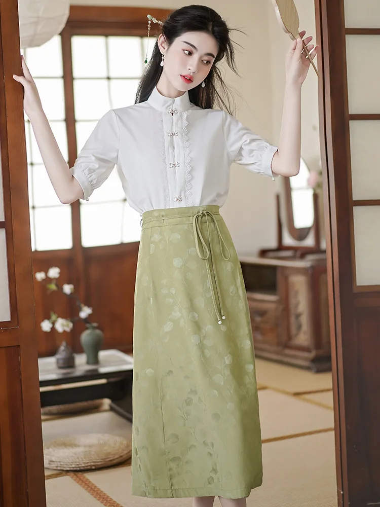 Yourqipao Elegant Retro Chinese Style Clothing Elements Commuting White Short-sleeved Tops Shirts Horse Face Skirt for Women
Yourqipao Elegant Retro Chinese Style Clothing Elements Commuting White Short-sleeved Tops Shirts Horse Face Skirt for Women
