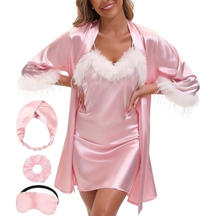 Bride Robe for Wedding Day Satin Nightgown and Robe Sets for Women Pajamas with Feather Bride Getting Ready Outfits
Bride Robe for Wedding Day Satin Nightgown and Robe Sets for Women Pajamas with Feather Bride Getting Ready Outfits