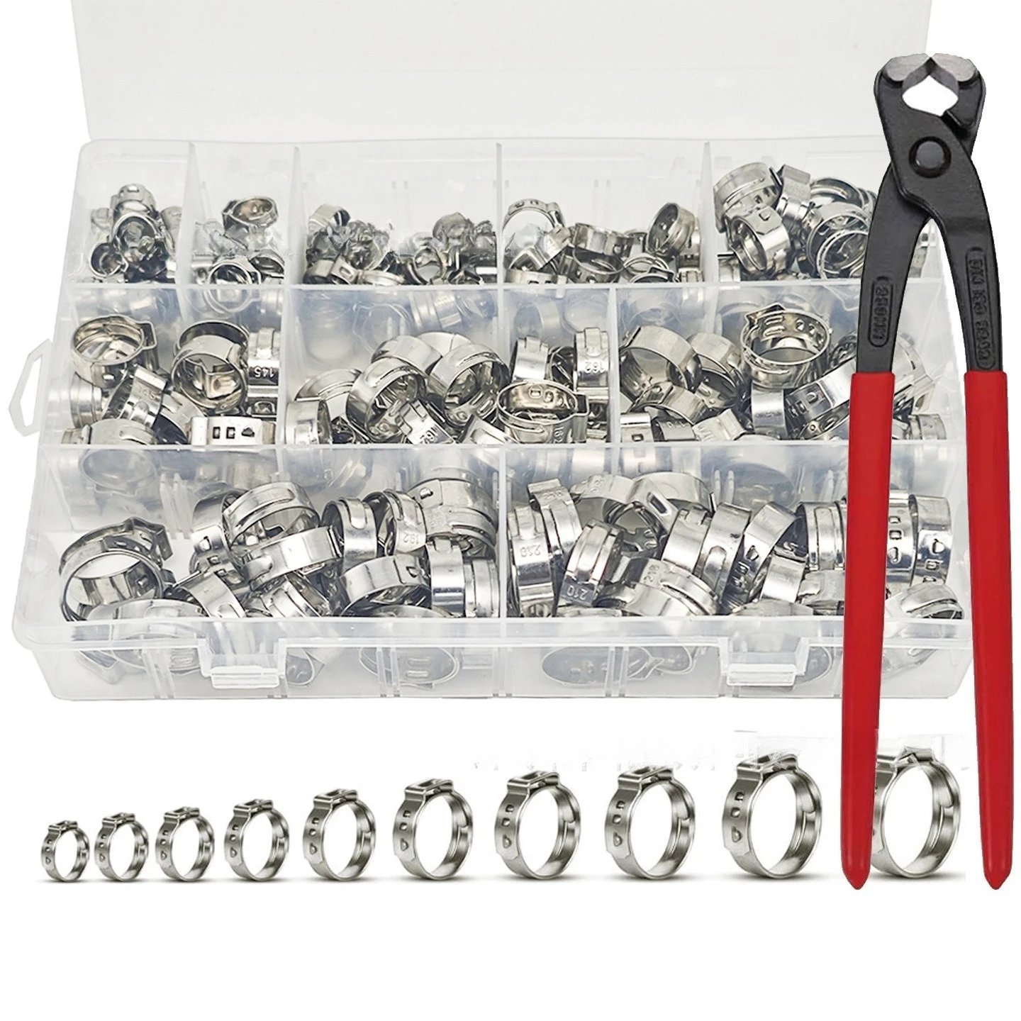 210Pcs Boxed 304 Stainless Steel Single Ear Stepless Hose Clamp 5.8-21mm Set with Clamp Pliers
210Pcs Boxed 304 Stainless Steel Single Ear Stepless Hose Clamp 5.8-21mm Set with Clamp Pliers