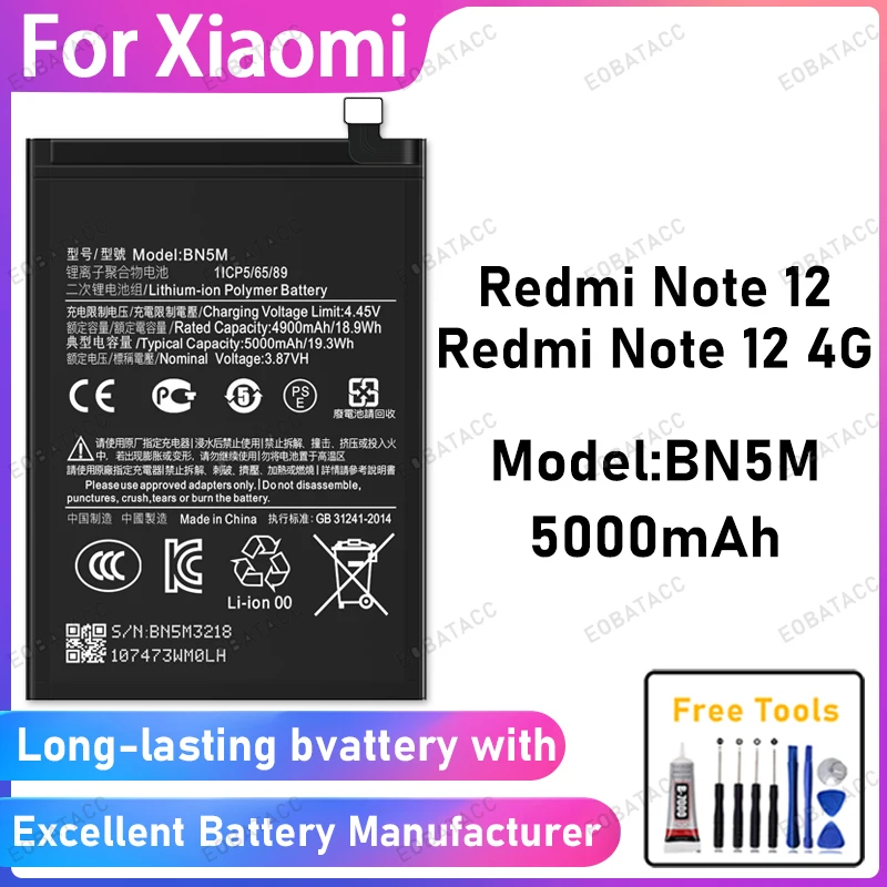 100% New 5000mAh BN5M Battery For Xiaomi Redmi Note 12/Redmi Note 12 4G Battery Replacement Bateria+Free Tools
100% New 5000mAh BN5M Battery For Xiaomi Redmi Note 12/Redmi Note 12 4G Battery Replacement Bateria+Free Tools