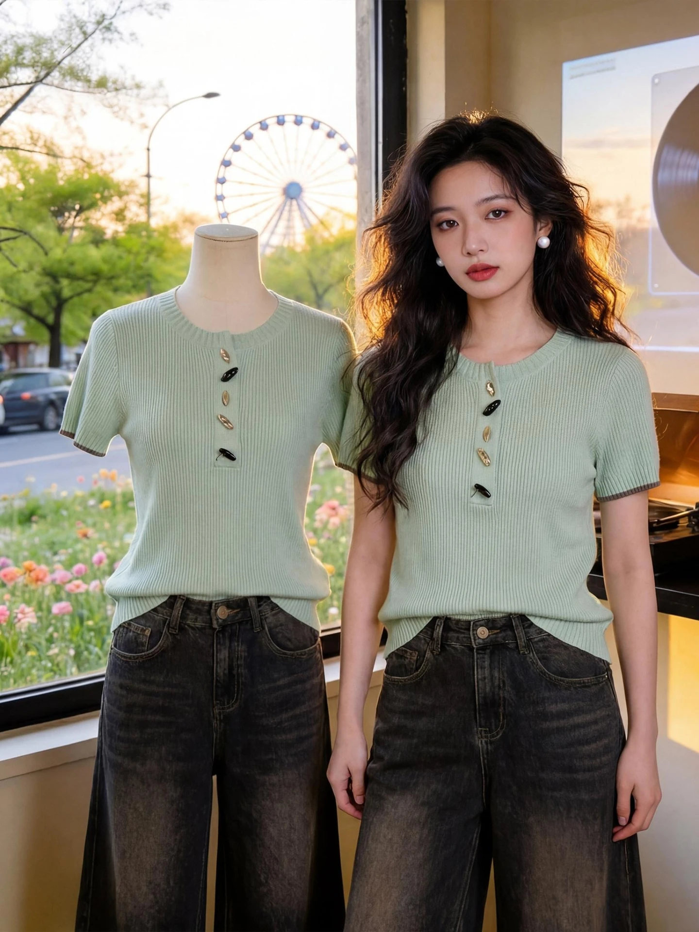 Mint Green Knitted Top Button up Short Sleeve Women's Fashionable Shoulder Level T-Shirt Korean Style Commute Wind Regular Fit
Mint Green Knitted Top Button up Short Sleeve Women's Fashionable Shoulder Level T-Shirt Korean Style Commute Wind Regular Fit