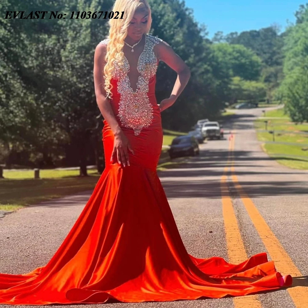 EVLAST Customized Orange Velvet Mermaid Prom Dress For Black Girls Silver Rhinestone Beaded Formal Birthday Party Gala Gown P39
EVLAST Customized Orange Velvet Mermaid Prom Dress For Black Girls Silver Rhinestone Beaded Formal Birthday Party Gala Gown P39