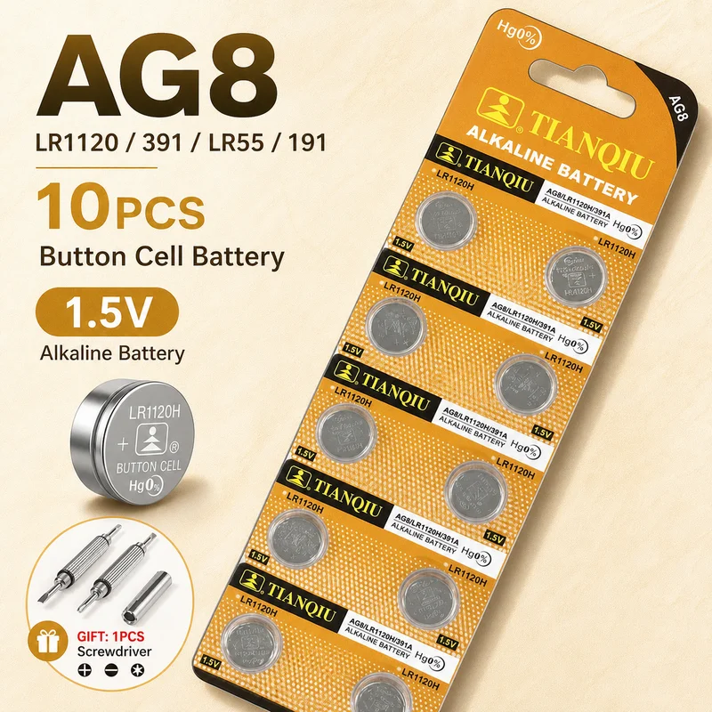 AG8 1.5V Button Coin Cell Batteries LR1120 391 SR1120 191 LR55 for Toys Remote Controls Cameras CPU
AG8 1.5V Button Coin Cell Batteries LR1120 391 SR1120 191 LR55 for Toys Remote Controls Cameras CPU