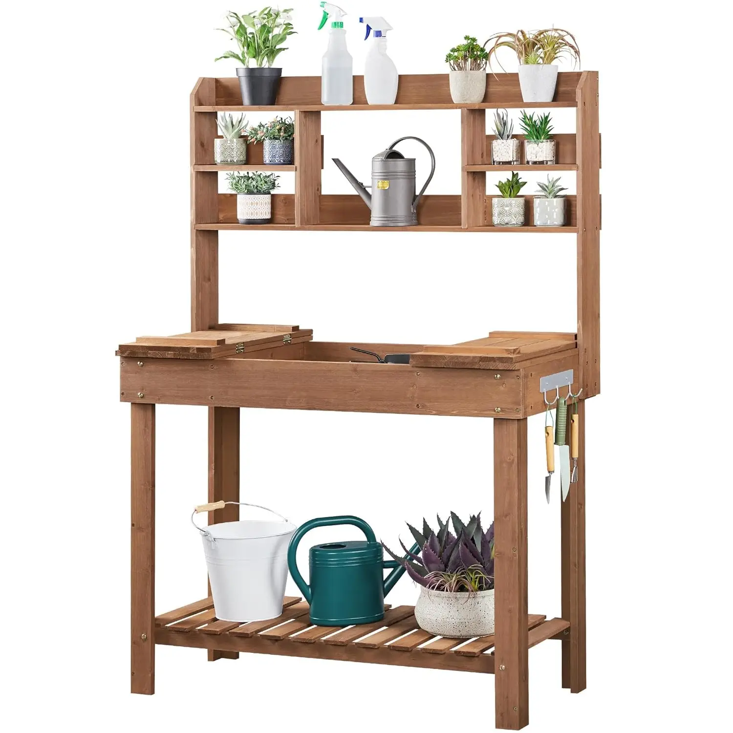 Potting Bench Table Outdoor Garden Work Station w/ Display Rack Storage Shelf Hanger Sink Brown, Customized
Potting Bench Table Outdoor Garden Work Station w/ Display Rack Storage Shelf Hanger Sink Brown, Customized