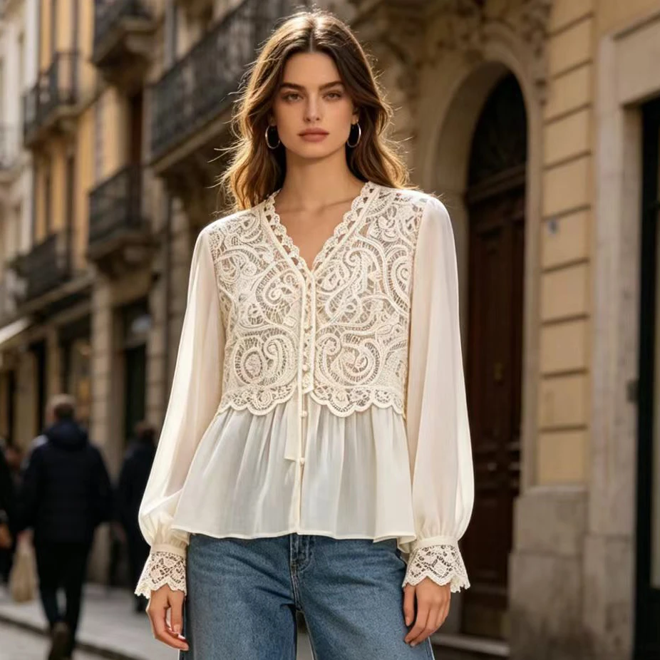 Elegant Lace Patchwork Long Sleeve Blouse For Women Button-up V Neck Shirt Perfect For Casual Or Work Wear 2026 New Streetwear
Elegant Lace Patchwork Long Sleeve Blouse For Women Button-up V Neck Shirt Perfect For Casual Or Work Wear 2026 New Streetwear