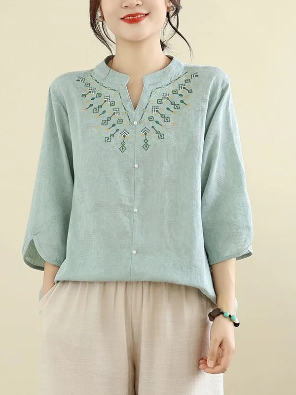 Summer Fashion Cotton Linen Set Seven Sleeve V Neck Embroidered Casual Loose Two Piece Women's Outfit Comfortable Vintage Style
Summer Fashion Cotton Linen Set Seven Sleeve V Neck Embroidered Casual Loose Two Piece Women's Outfit Comfortable Vintage Style