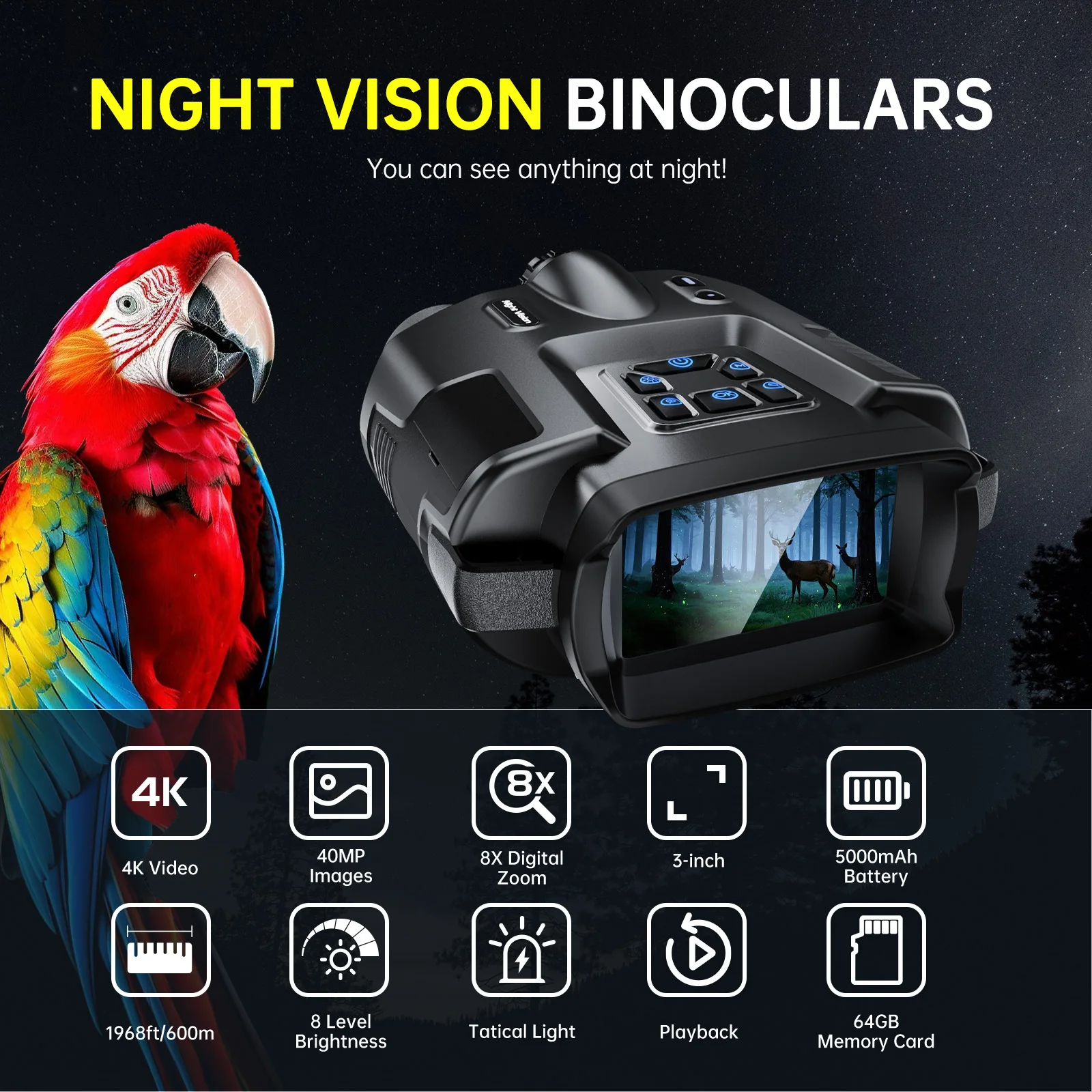 4K Night Vision Goggles 36MP Full-Color Night Vision Binoculars 8X Zoom 850nm Stealth IR for Photo & 4K Video Recording 64GB
4K Night Vision Goggles 36MP Full-Color Night Vision Binoculars 8X Zoom 850nm Stealth IR for Photo & 4K Video Recording 64GB