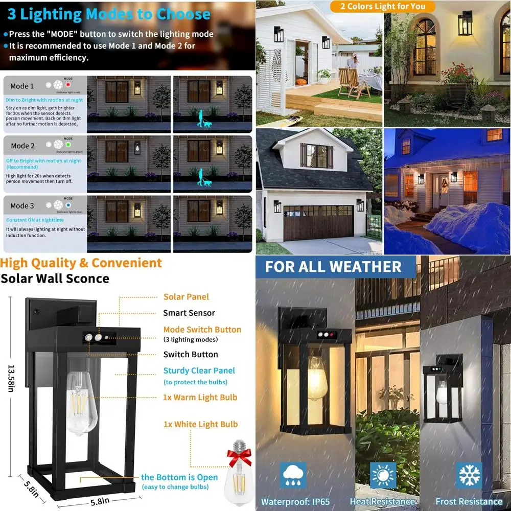 Solar-Powered Outdoor Wall Lights with 3 Modes & Motion Sensor, Waterproof Porch Lantern for Yard & Garden
Solar-Powered Outdoor Wall Lights with 3 Modes & Motion Sensor, Waterproof Porch Lantern for Yard & Garden