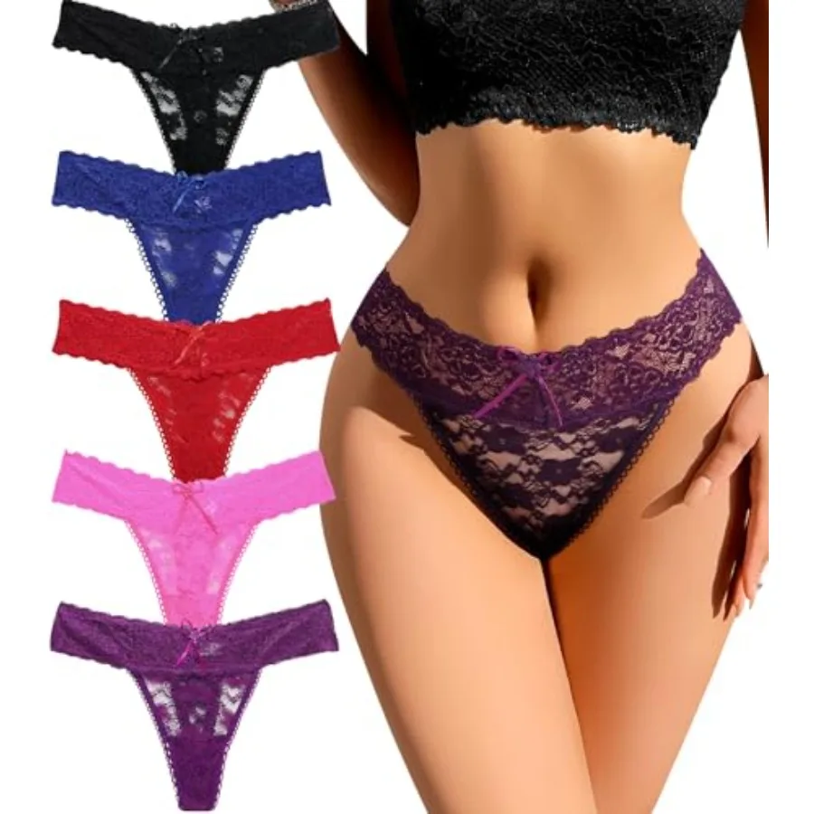 Womens Sexy Thongs Lace Underwear Soft See Through T Back Tangas Low Rise Breathable Ladies No Show Panties 5 Pack
Womens Sexy Thongs Lace Underwear Soft See Through T Back Tangas Low Rise Breathable Ladies No Show Panties 5 Pack