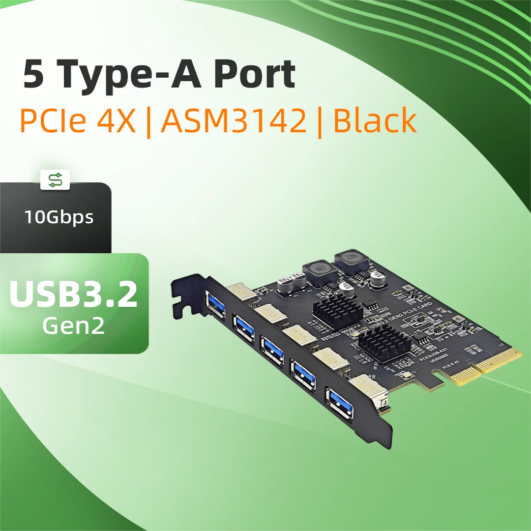 5 Ports USB3.2 Gen1 10Gbps PCI-E X4 Expansion Card ASM3142 Controller Multiple Type-A PCIe Add On Card Black Desktop Adapter
5 Ports USB3.2 Gen1 10Gbps PCI-E X4 Expansion Card ASM3142 Controller Multiple Type-A PCIe Add On Card Black Desktop Adapter