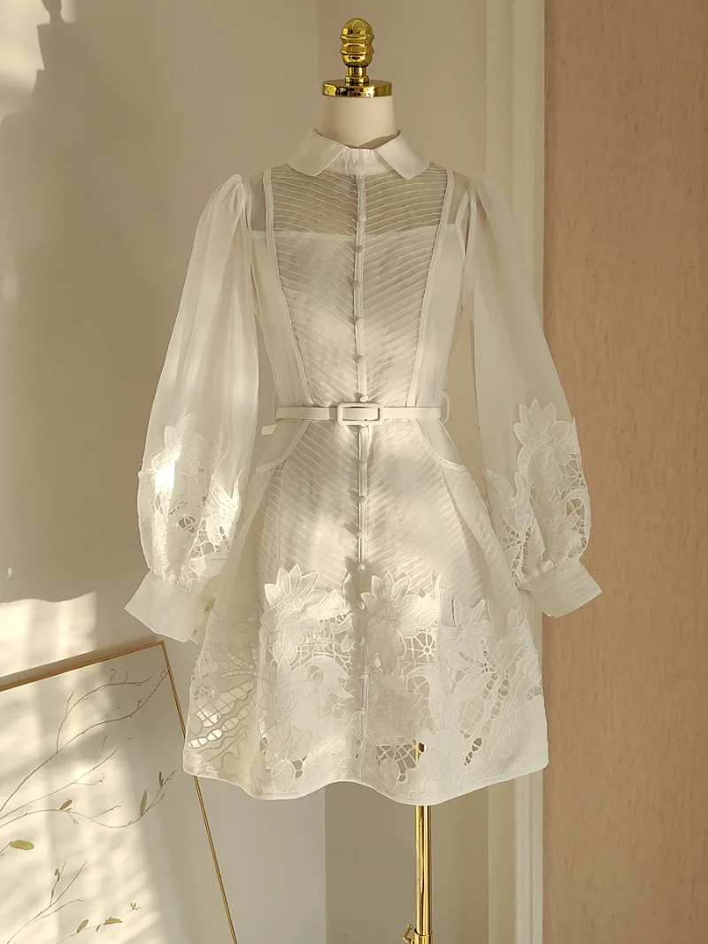 Lace Embroidery Spliced Elegant Dresses Women A-line Turn Down Collar Long Sleeve Belt Slim Waist Dress 2024 Autumn Clothing
Lace Embroidery Spliced Elegant Dresses Women A-line Turn Down Collar Long Sleeve Belt Slim Waist Dress 2024 Autumn Clothing