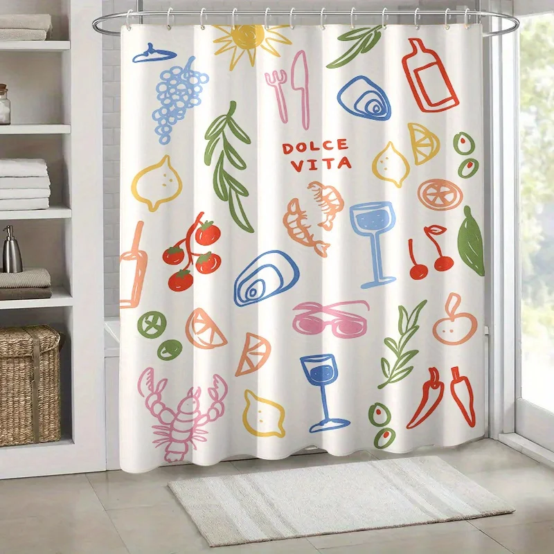 Cute Dolce Vita Style Shower Curtain Hand Drawn Lemon Seafood Wine Print Fabric Bathroom Privacy Screen Curtains with 12Hooks
Cute Dolce Vita Style Shower Curtain Hand Drawn Lemon Seafood Wine Print Fabric Bathroom Privacy Screen Curtains with 12Hooks