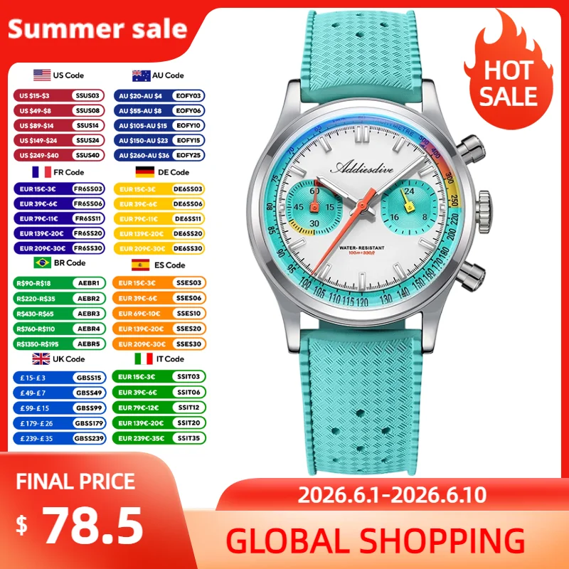 ADDIESDIVE Man Sports Watch New VK64 Quartz Chronograph Panda Dial Bubble Glass Stainless Steel Luminous 100m Waterproof Watches
ADDIESDIVE Man Sports Watch New VK64 Quartz Chronograph Panda Dial Bubble Glass Stainless Steel Luminous 100m Waterproof Watches