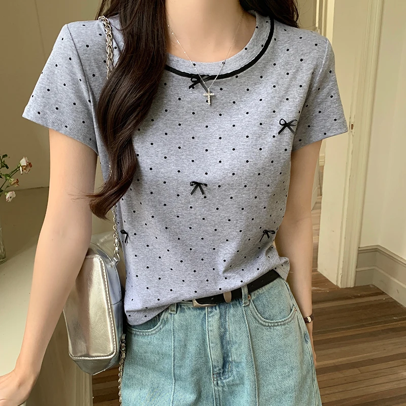 New Korean Chic Bow Polka Dot Short Sleeve T-shirts Women Summer Casual O-neck Slim Tee Shirt Woman Cute Short Tops
New Korean Chic Bow Polka Dot Short Sleeve T-shirts Women Summer Casual O-neck Slim Tee Shirt Woman Cute Short Tops