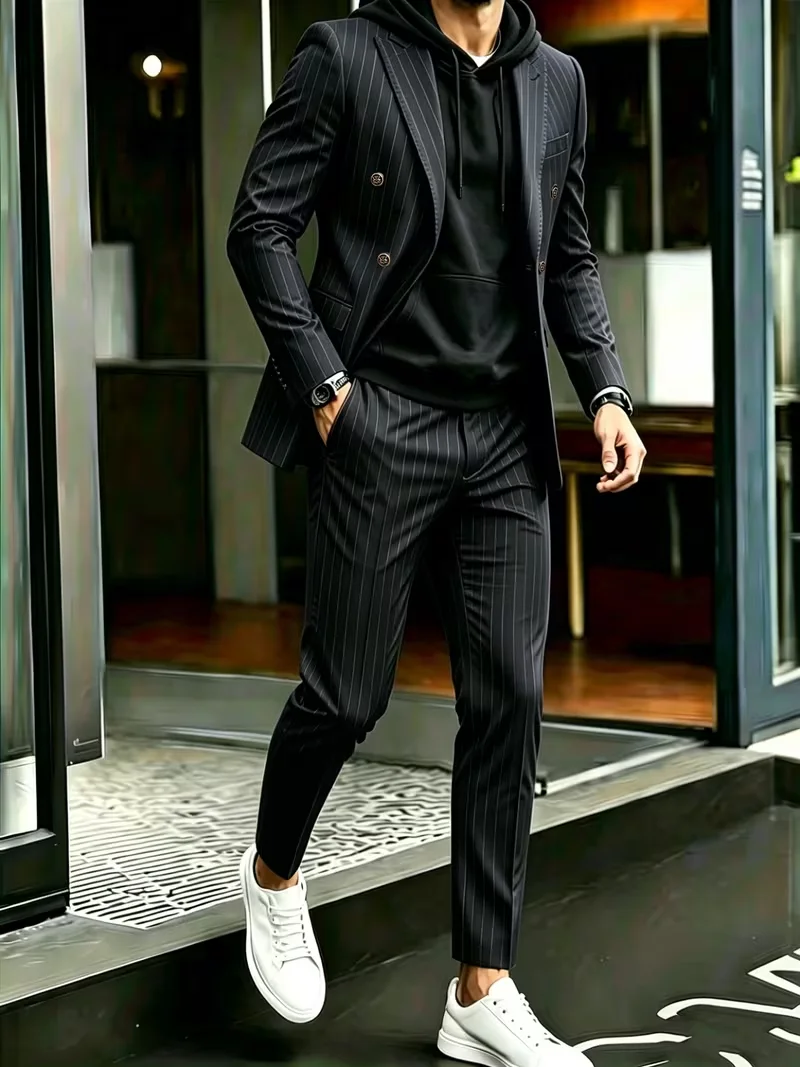 Sleek Black Striped Men Suit 2 Pieces Double Breasted Slim Fit Jacket & Pants Casual & Formal Dual-Use
Sleek Black Striped Men Suit 2 Pieces Double Breasted Slim Fit Jacket & Pants Casual & Formal Dual-Use
