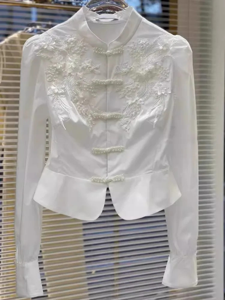 Ele Embroidered White irt Women's Early Spring Sle Chinese National Sle Button Stand Collar irt High Quali Feel
Ele Embroidered White irt Women's Early Spring Sle Chinese National Sle Button Stand Collar irt High Quali Feel