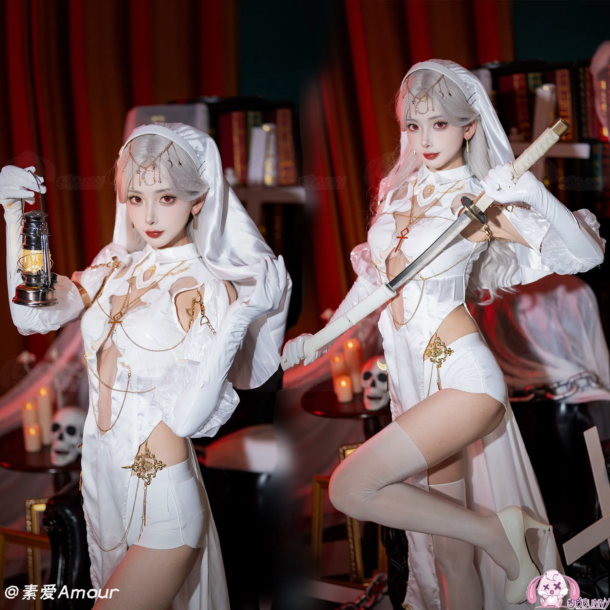 Nun Cosplay Costume Women Sexy Lingerie Set Hollowed Halter Dress and Veil with Thigh Socks and Earrings
Nun Cosplay Costume Women Sexy Lingerie Set Hollowed Halter Dress and Veil with Thigh Socks and Earrings