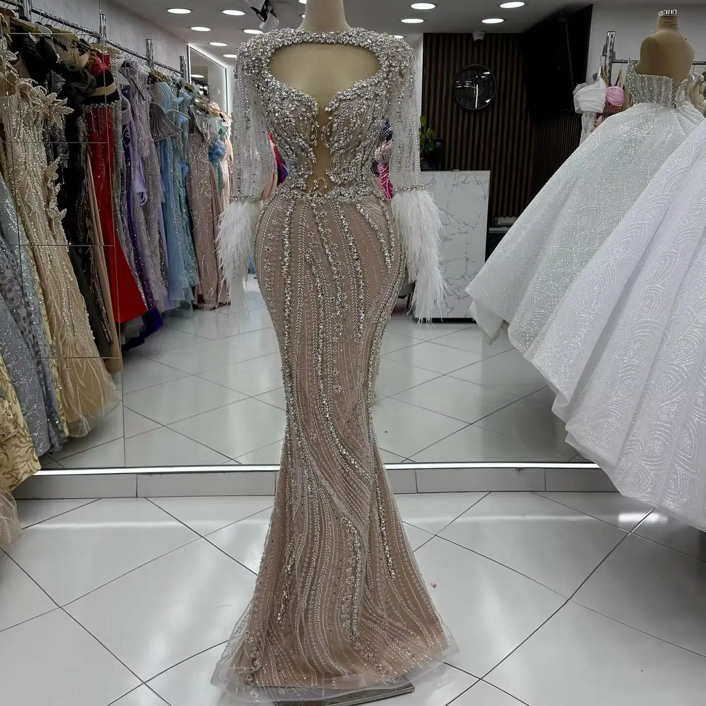 Elegant Nude Champagne Gala Party Dress Mermaid Feathers Long Sleeves Evening Dresses Women's Wedding Reception Gowns Customized
Elegant Nude Champagne Gala Party Dress Mermaid Feathers Long Sleeves Evening Dresses Women's Wedding Reception Gowns Customized