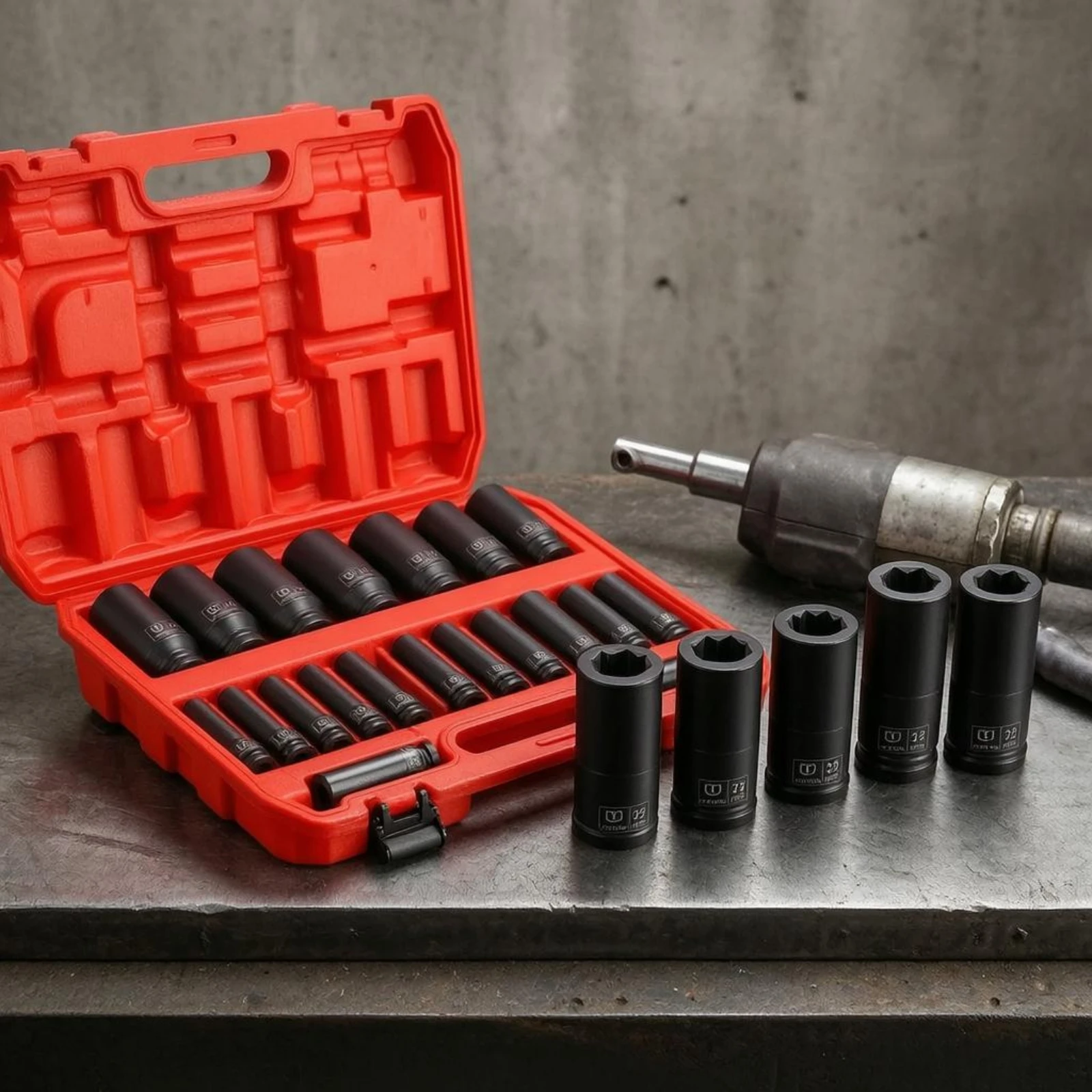20 Pieces Air Power Socket Set CR-MO Steel Power Socket Set Hard Plastic Case Molded Interior
20 Pieces Air Power Socket Set CR-MO Steel Power Socket Set Hard Plastic Case Molded Interior